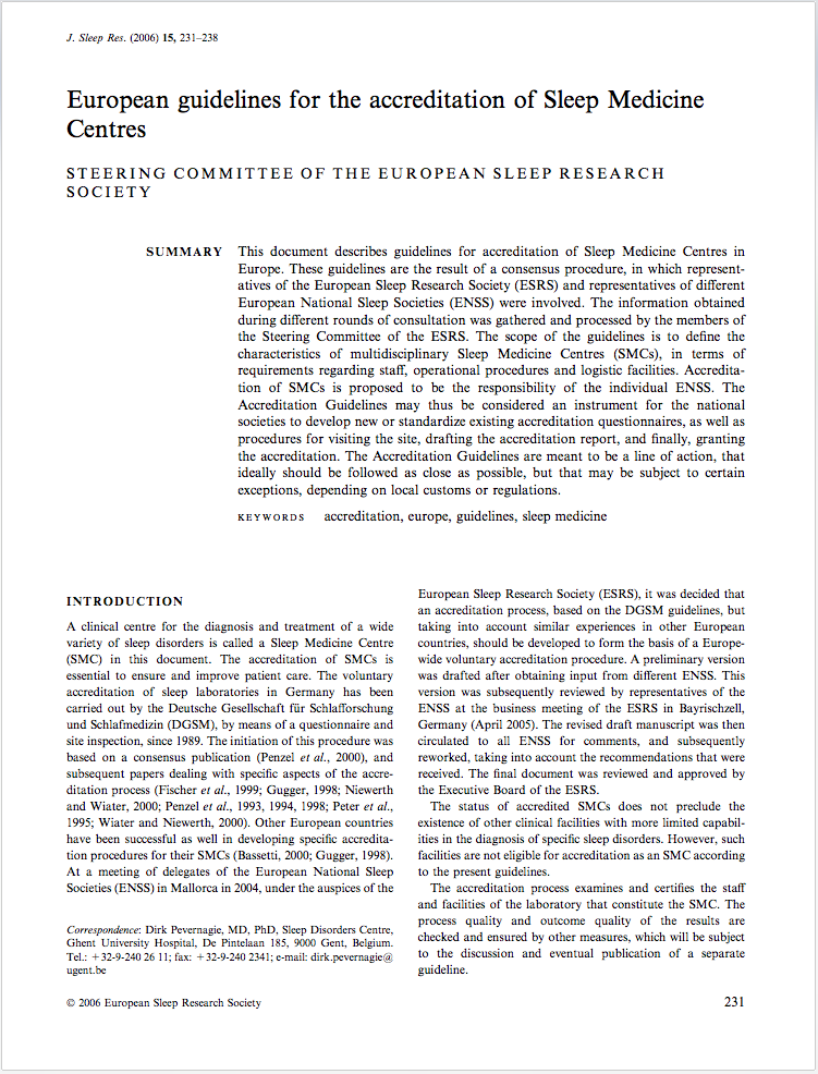 European guidelines for the accreditation of Sleep Medicine Centres