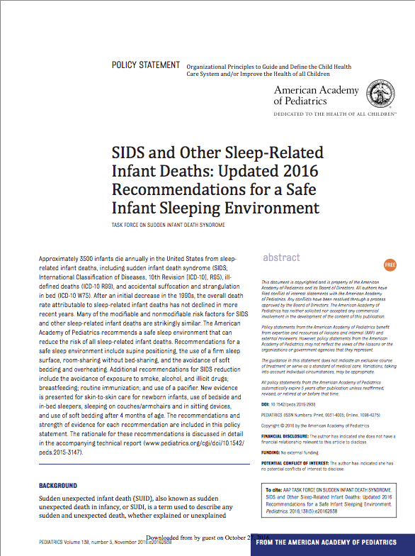 SIDS and Other Sleep-Related Infant Deaths: Updated 2016 Recommendations for a Safe Infant Sleeping Environment